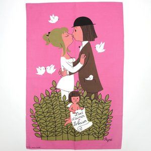 Vtg Linen Tea Towel Peynet Lovers Series The Kiss The Art of Love